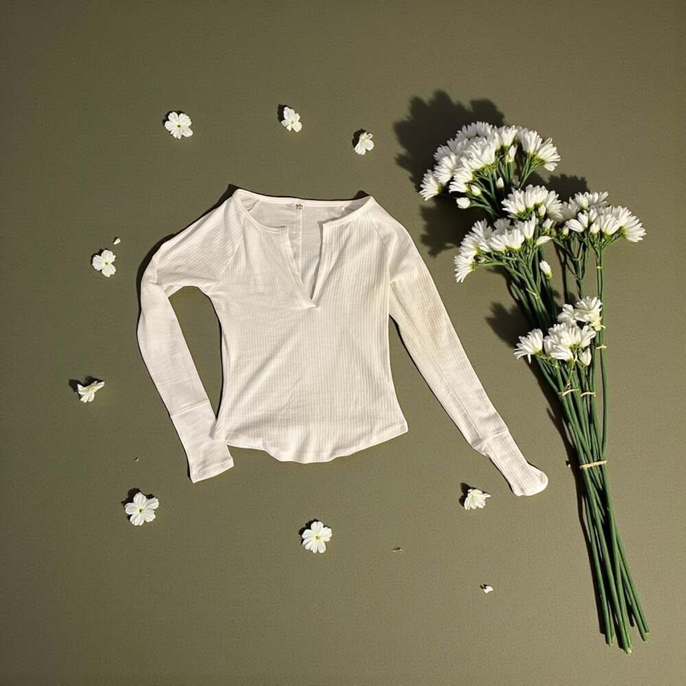 Free People Billie Split Neck Ribbed Layering Top in White - Picture 1 of 1